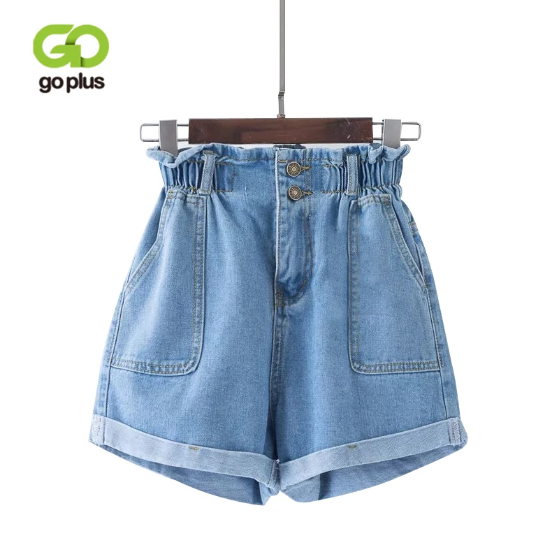 

GOPLUS 2019 Summer Casual Women Jeans Shorts Preppy Retro Elastic High Waist Plus Size Blue Denim Shorts Pockets Female Shorts