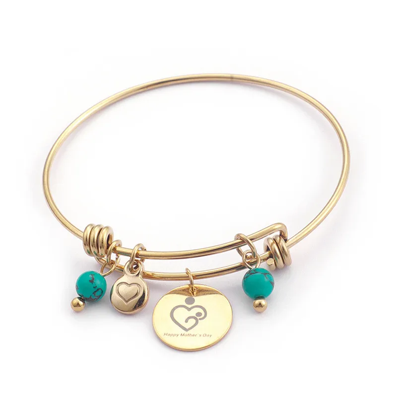 Синий бисер браслет& браслет для женщин 64 мм нержавеющая сталь Сердце& Письмо Счастливый День матери Шарм для браслета, украшения - Окраска металла: Gold