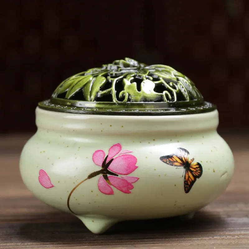 

Ceramic Incense Burner Beaker With Bronze Lotus Cover + 1pcs Incense Holder Handmade Painting Incenso Wierook Waterval