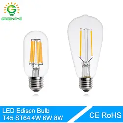 Greeneye Ретро T45 ST64 Стекло вел edison лампы E27 220 В 4 Вт 6 Вт 8 Вт накаливания светодиодные лампа ампулы Lampara Bombilla Светодиодная лампа Эдисона