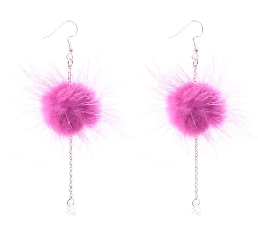 Милые женские серьги-капли с помпоном, меховые шарики, цепочка, подвеска и серьги-подвески, розовые, фиолетовые, меховые серьги, подарок - Окраска металла: rose