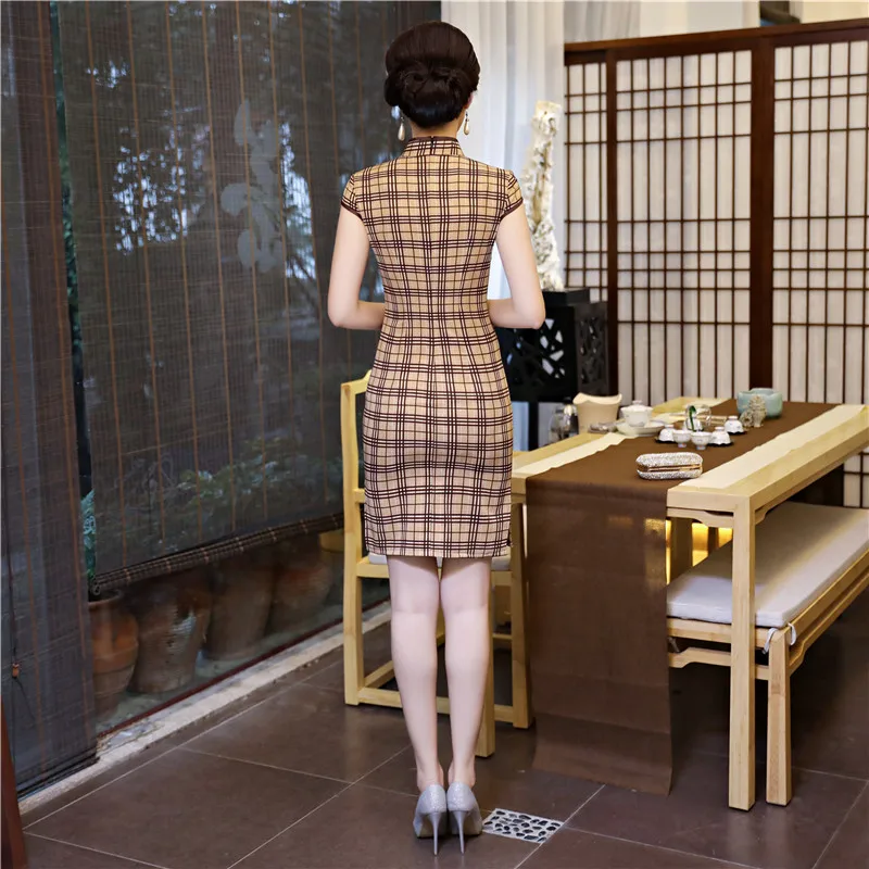 Шанхай история короткое Qipao искусственного шелка китайское традиционное платье решетки восточное платье китайская женская одежда плед Cheongsam
