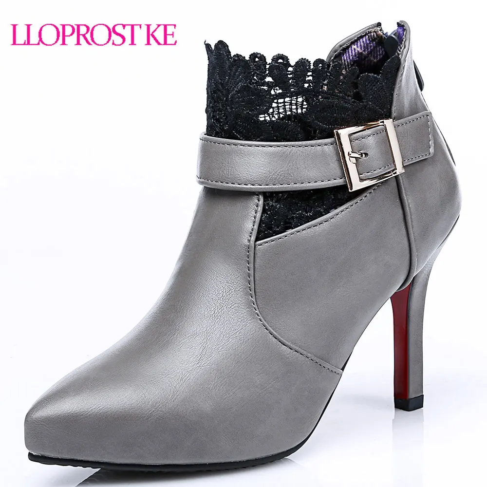 

Lloprost ke New 2018 Autumn Fashion Women Buckle Lace Ankle Boots Casual Pointed Toe Thin High Heels Party Shoes Woman D36