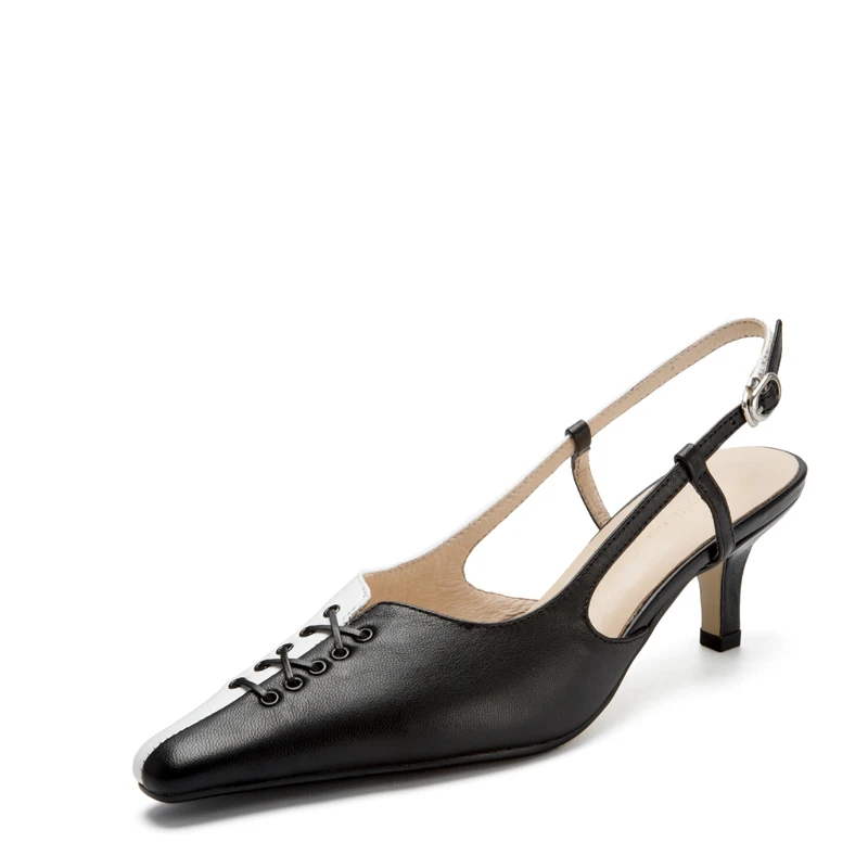 

33-40 Slingbacks Shoes Heel Genuine Leather Pumps Women Pointed Toe High Heels