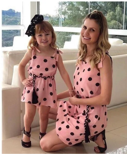 

Matching Mother Daughter Clothes 2019 Printed Polka-Dot Straps With Dress Family Matching Clothes Party Dresses Cotton Clothes