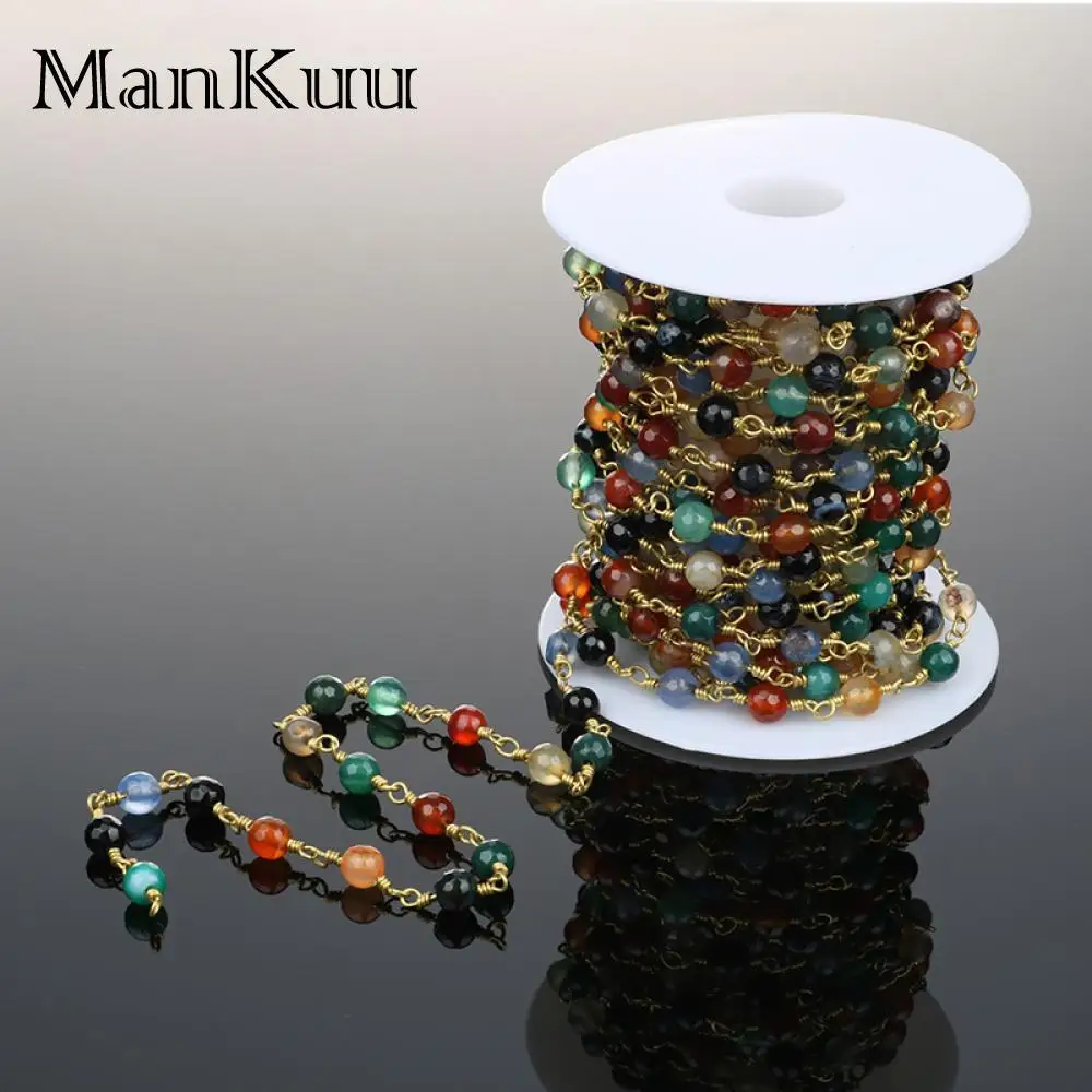 Mankuu 6mm Faceted Rainbow Agates Stone Bead Chains For Rosary Jewelry