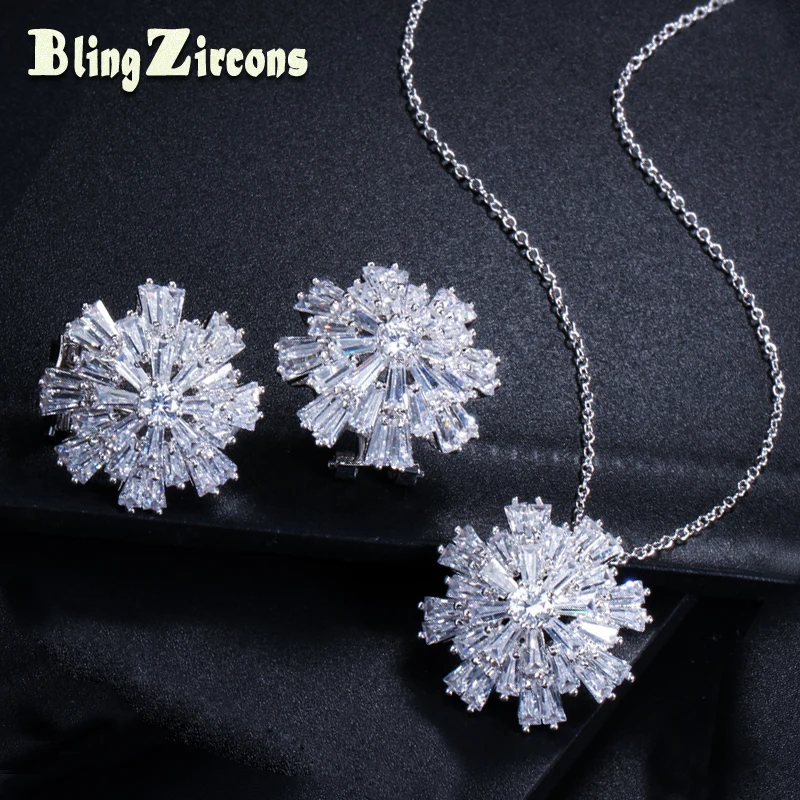 

BeaQueen Brilliant Cubic Zirconia Stone Large Stud Earrings Necklace Silver Color Women Jewelry Sets for Party Gift JS146