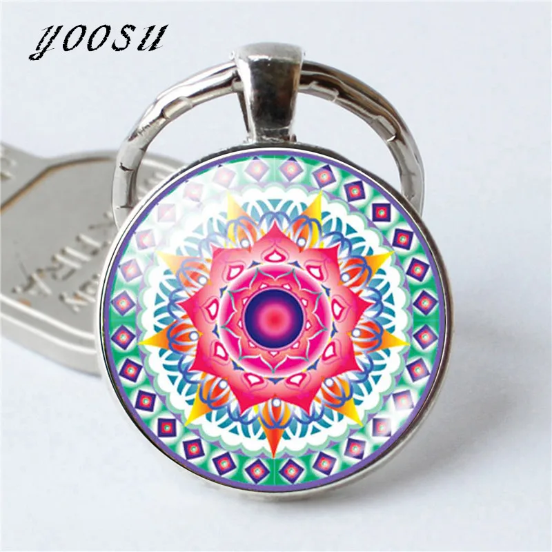 

Vintage Jewelry Silver with Symbol Buddhism Mandala Glass Yoga Pendant Choker Glass Keychain India Jewelry