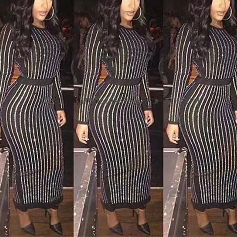 

S-3XL Excellent Quality 2018 Barocco Runway Long Sleeve Autumn Women Sexy Rhinestone Diamond Embellished Bodycon Long Dress