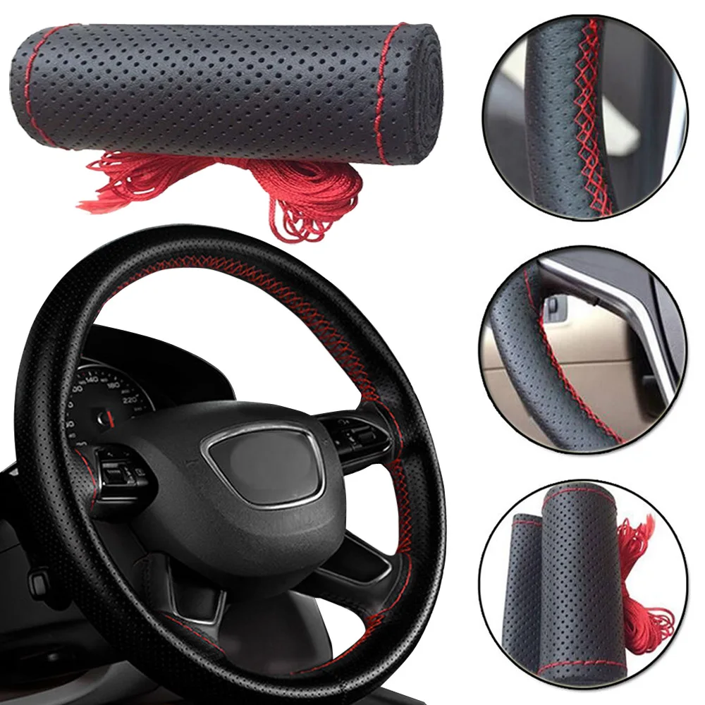 CHIZIYO 1PC DIY Genuine Cowhide Car Braid Leather Steering Wheel Cover 36 38 40CM Universal Size Black Beige Gray Brown Color