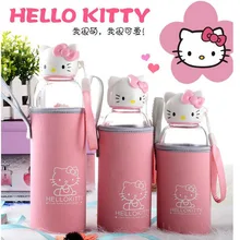 2016 nuevo hello kitty deportes portable de cristal de silicio de alta boro de alta temperatura del vidrio Botellas de Agua creativo lindo coche de la historieta