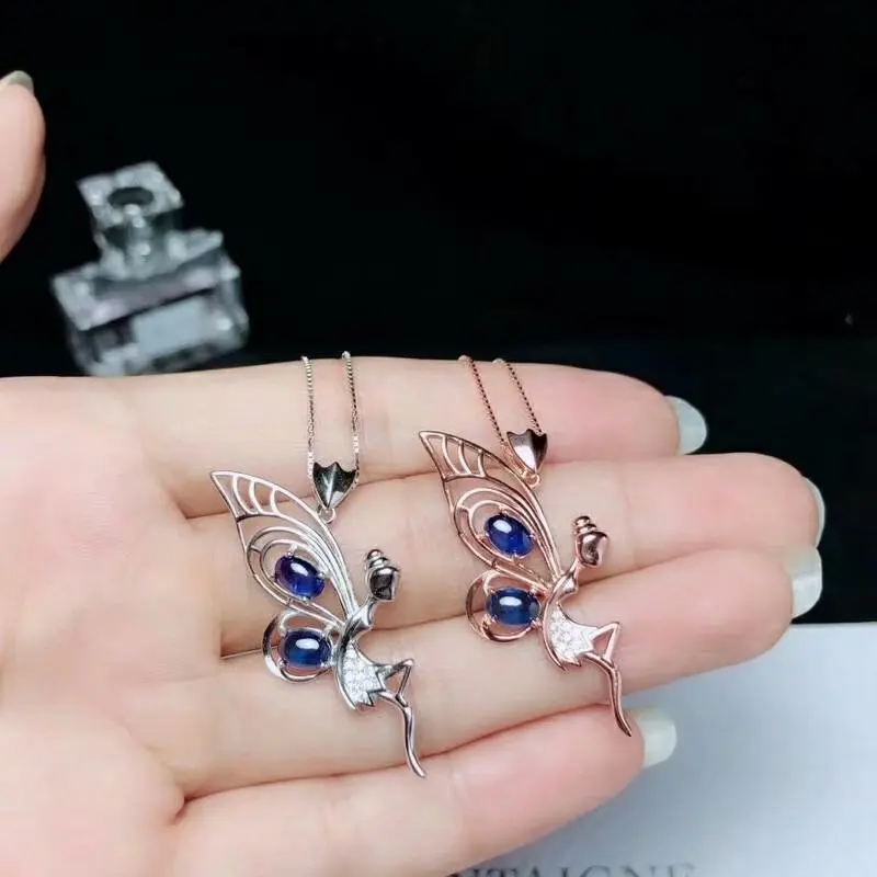 

shilovem 925 silver sterling real Natural sapphire Angel girl PENDANTS fine Jewelry trendy necklace 4*6mm bz040601agl