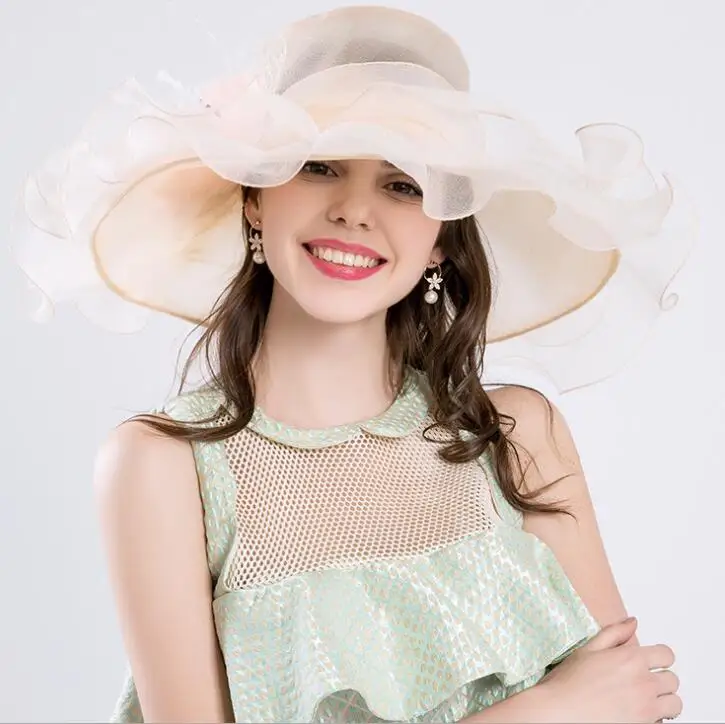 Fashion Women Floral Mesh Kentucky Derby Church Sun Hat Summer Wide Brim Cap Wedding Party Hats Beach Sun Caps Female H3 - Цвет: Beige