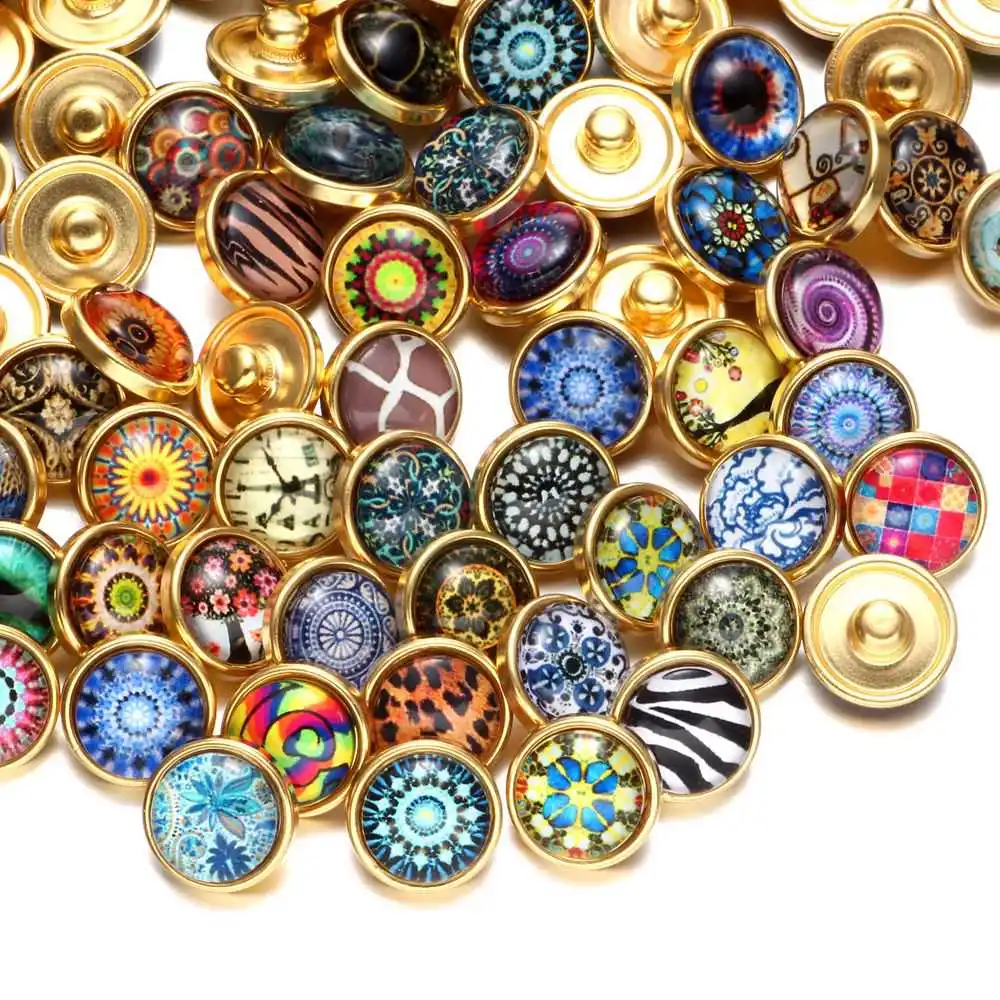 

RoyalBeier 20pcs Gold Color 12mm Snap Button Jewelry Random Sent Copper Glass Charms Fit Snap Button Earrings Bracelets