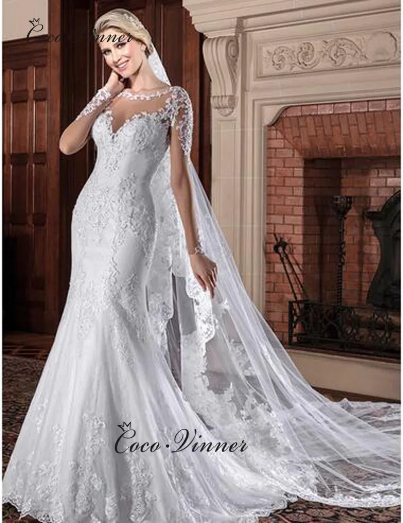 Свадебное платье с жемчугом и бусинами, с длинным рукавом, Русалка,, Vestido De Noiva, прозрачная шея, иллюзия, свадебное платье es, платье невесты W0065
