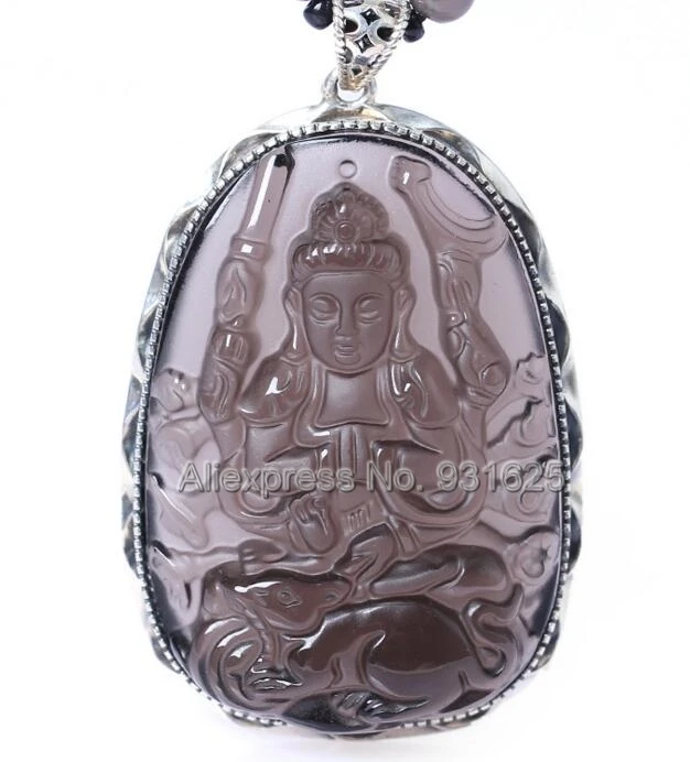 

925 Sterling Silver Natural Ice Clear Obsidian Carved Chinese Zodiac Rat Amulet Kwan-Yin Lucky Pendant + Beads Necklace Jewelry