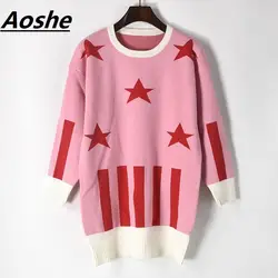 Aoshe пуловер свитер Для женщин тянуть 2018 новый зимний полосатый пятиконечная звезда жаккардовые Дизайн рукав "летучая мышь" негабаритных