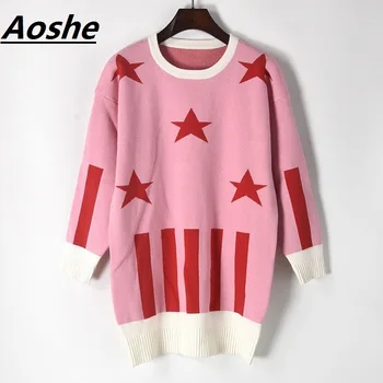

Aoshe Pullover Sweater Women pull 2018 New Winter Striped Five-pointed Star Jacquard Design Batwing Sleeve Oversized Knit Jumper