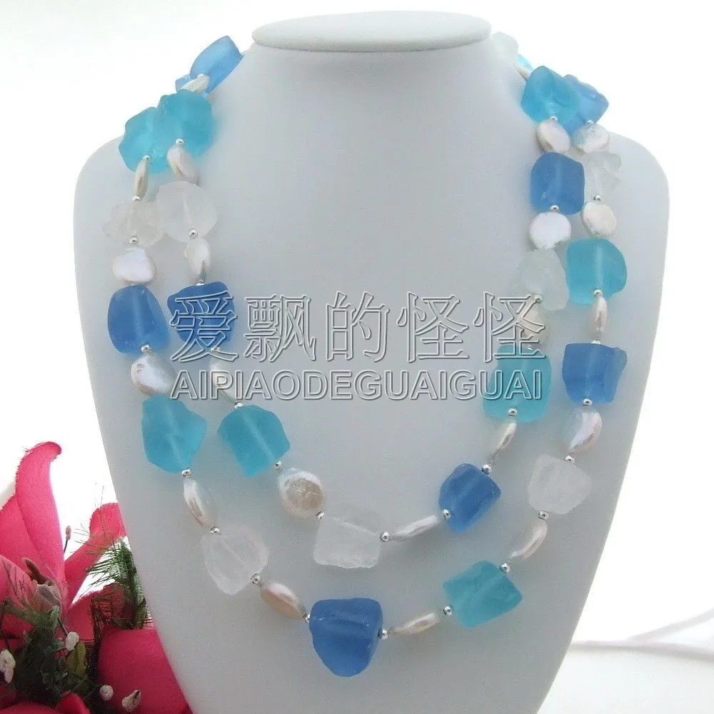 

Women's 21" 2 Strands Multi Color Quartz Frosted Rough White Coin Pearl
