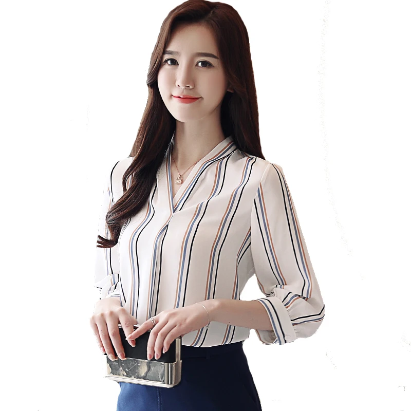 

Women's Blouse Casual Printed Shirts Women's Shirt Chiffon Blouse Autumn Fashion 3/4 Sleeve Striped Shirt Tops Blusas