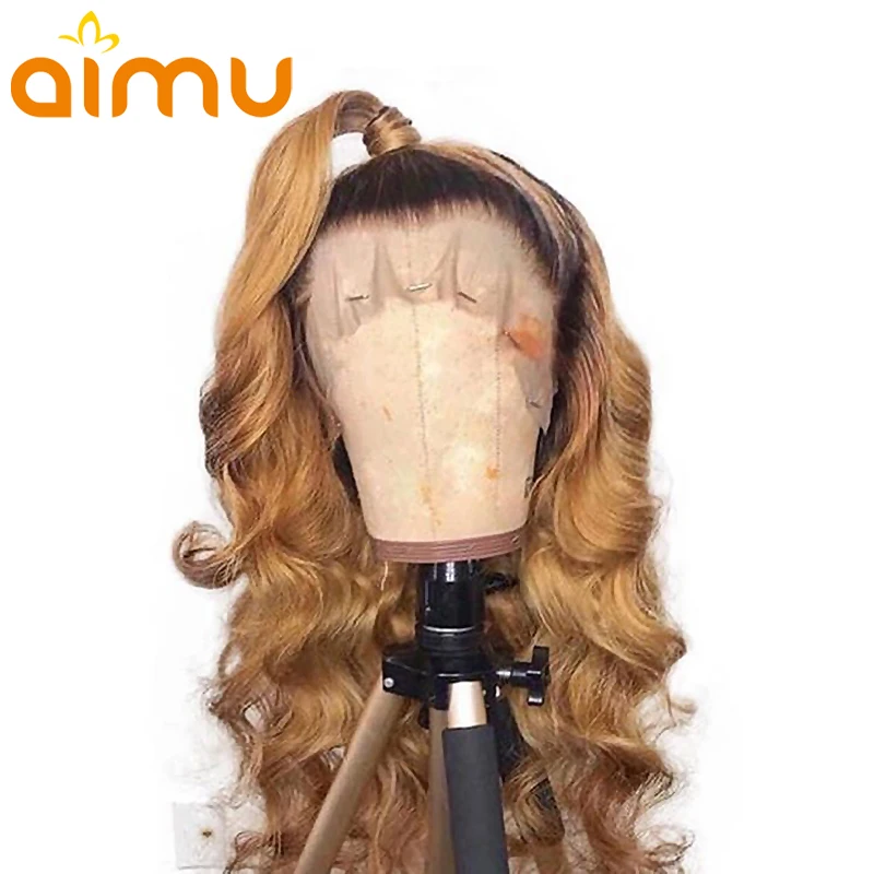 Aimu Омбре мёда блонд цвет волна воды 360 синтетический фронтальный настоящие человеческие волосы парик 18 ''для черных женщин Remy бразильский Невидимый