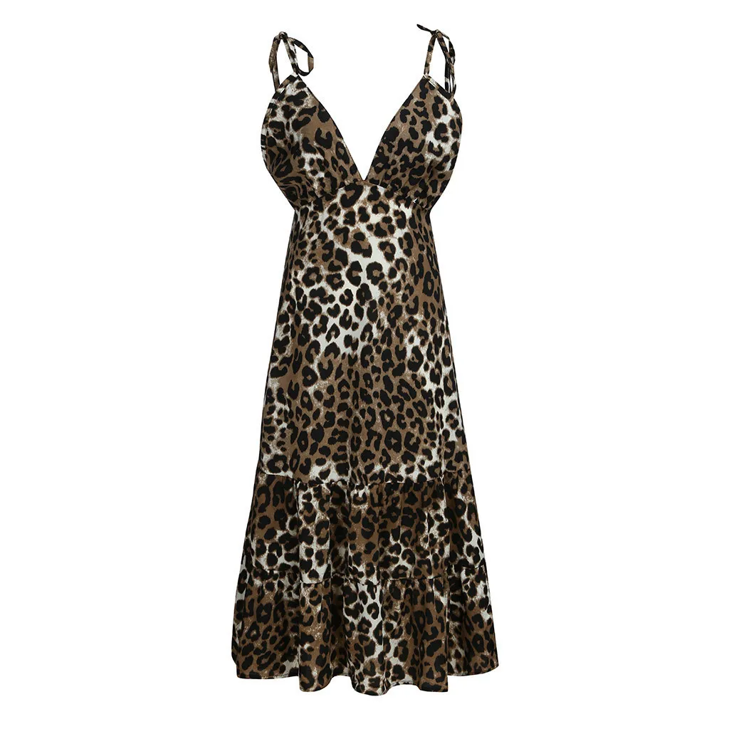 Летнее Женское Платье макси с леопардовым принтом на бретельках с v-образным вырезом и открытой спиной, вечерние длинные платья, летнее платье, новинка - Цвет: Yellow