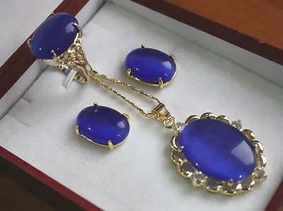 

13*18mm Plated Blue Opal Ring(#6,7,8,9) Earrings Pendant Jewelry Set18K gold plated watch wholesale Quartz stone CZ crystal