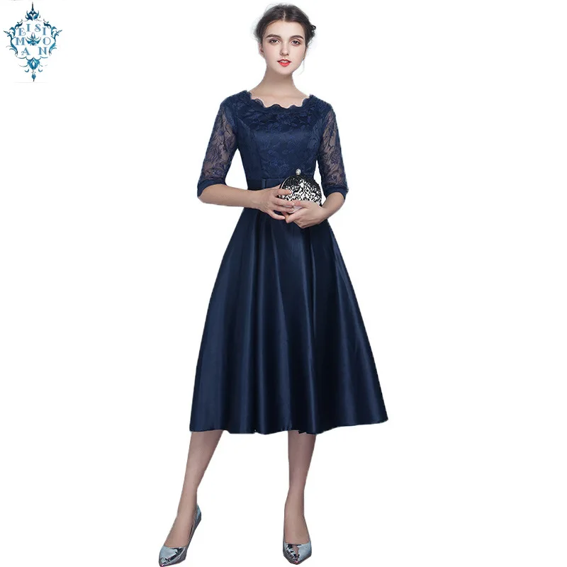 

Ameision Navy blue Champagne black Red Medium length style Evening Dresses Party Prom Dress Gown Prom half sleeve women clothing