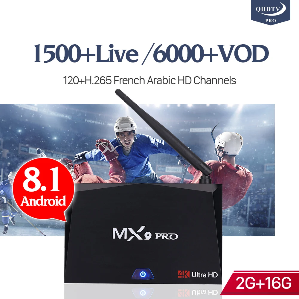 

QHDTV Pro France Arabic IP TV 4K MX9 Pro Android 8.1 BT Dual-Band WIFI French Belgium Netherlands 1 Year IPTV Subscription Box