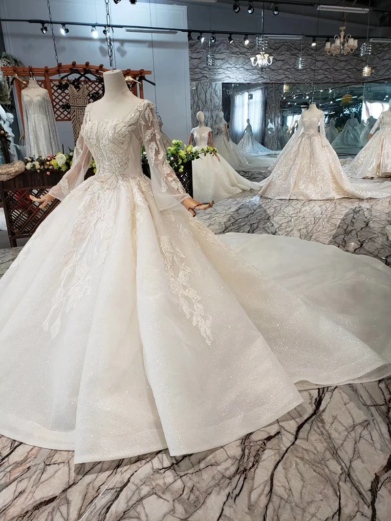 long sleeves ball gown square neck wedding dress with train HTL331 (18)