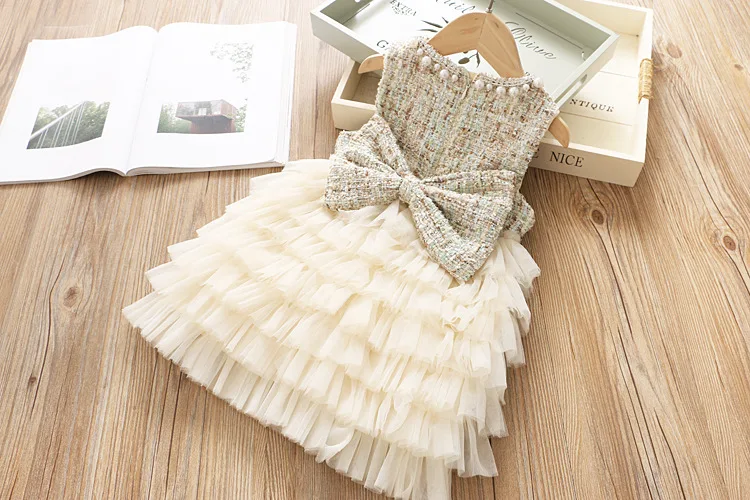 Платье из твида для маленьких девочек; многослойное платье; Vestido; осенняя одежда принцессы для детей; роскошное платье с воротником и бусинами