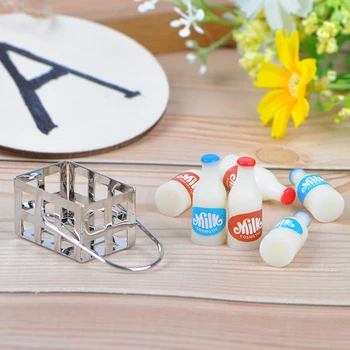 

Metal 1/12 Dollhouse Furniture Miniature Milk Basket with 7pcs Bottles Set Dolls House Kitchen Porch accessories Decor