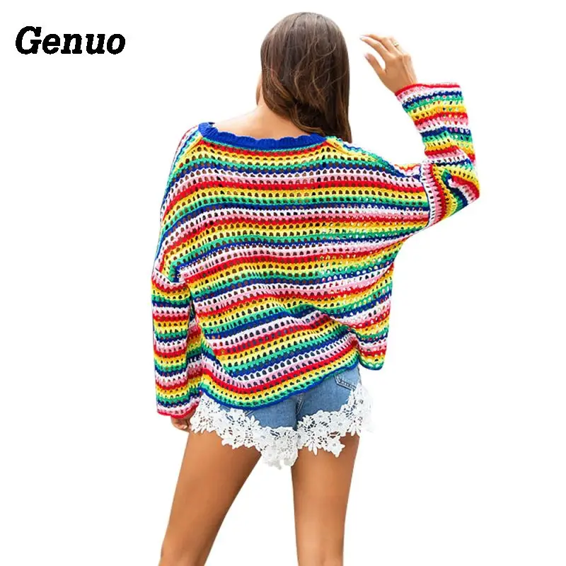 Genuo Colorblock Rainbow Striped Sweaters women patchwork jumpers hollow out knitted fashion bat sleeve oversized pullover top