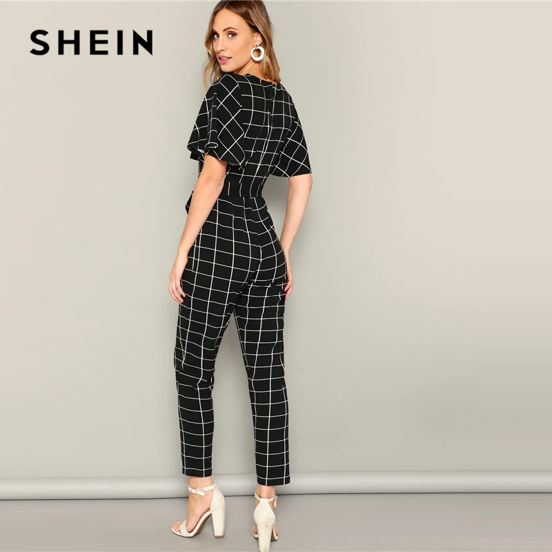 SHEIN Элегантный Комбинезон В Клетку С Оригинальным Рукавом И Поясом Завышенной
