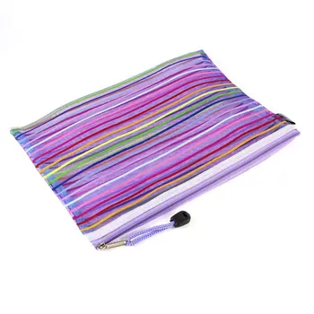 

Affordable A5 Nylon Stripe Zipper Closure Documents Mesh File Bag - Purple