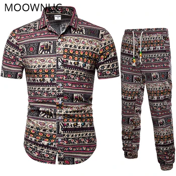 

Summer Shirts + Trousers Two-piece Suite Men's Sets Ethnic Costumes Short sleeve Fashion mens clothing Casual Male Printing 5XL