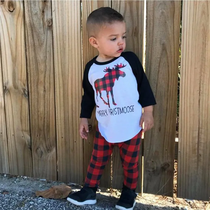 

2PCS Children Boy Girl Christmas Pajama Set Long Sleeve Tops+Plaid Pant Nightwear Toddler Baby Boys Girls Xmas Clothes 1-7Y
