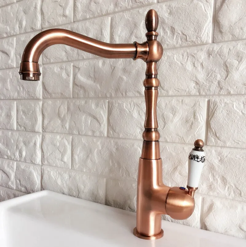 Antique Red Copper Brass Bathroom Kitchen Basin Sink Faucet Mixer Tap Swivel Spout Single Handle One Hole Deck Mounted mnf421