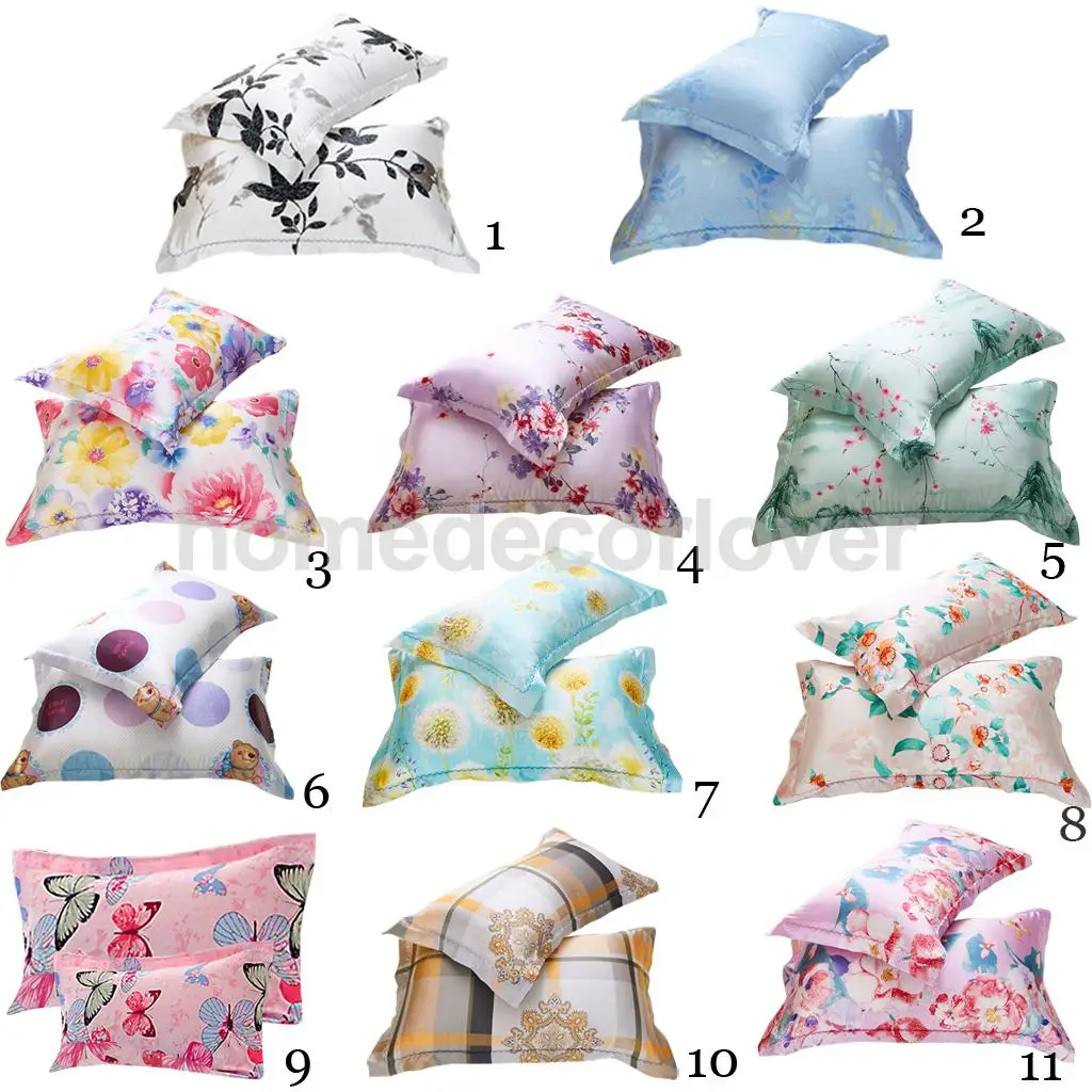

2x Silk Pillowcase Smooth Standard Pillow Cover Envelope Closure Pillow Cushion Case -11 Patterns