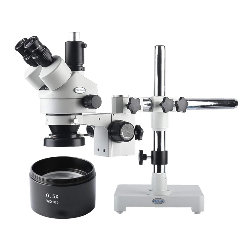 

Trinocular Stereo Zoom Microscope 3.5-45X Magnification Industry Industrial Single-Arm Boom Stand Includes 0.5X/165mm Objective