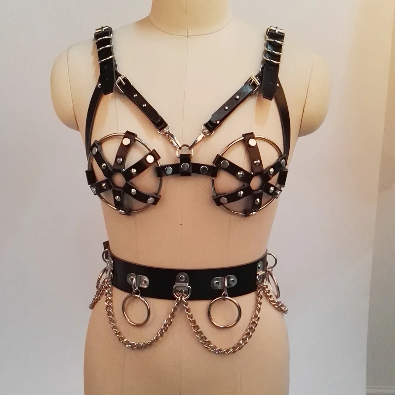 

Женский кожаный ремень ручной работы, черный ремень в стиле панк с металлическими звеньями