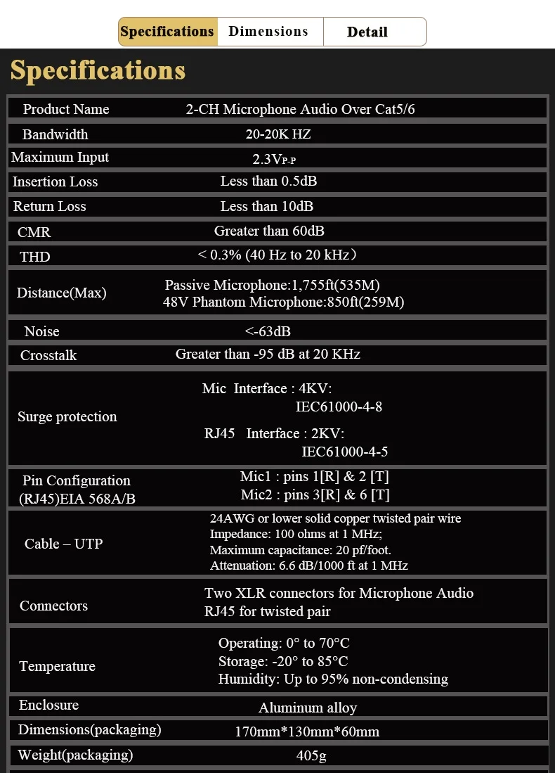 Микрофон расширитель через Cat5/6 Phantom Мощность микрофон адаптер Phantom адаптер по cat5/6