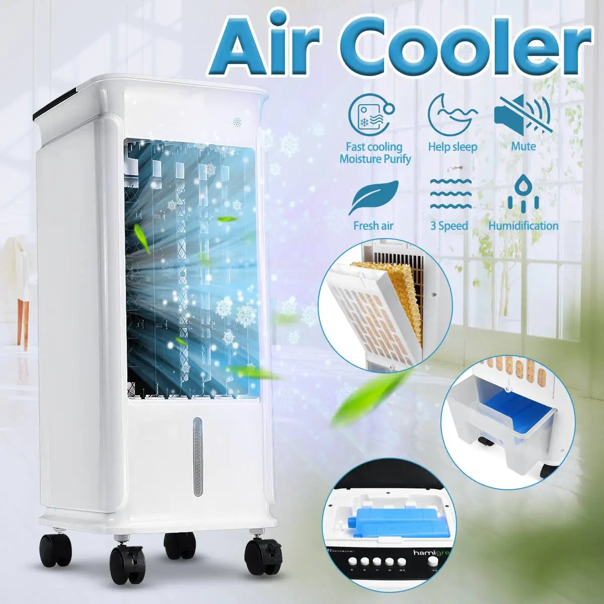 

5L 220V Evaporative Air Fan Ice Portable Cooler Conditioner Purifier Humidifier Home 3 Wind Modes Negative Ion Air Purification