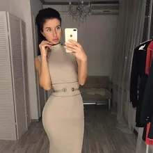 Новое бежевое платье с высоким воротником, золотым поясом, серое Бандажное платье осень-весна, сексуальные вечерние платья,, женское платье+ костюм