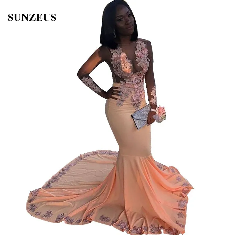 

Vestido Gala Flowers Appliques Prom Dresses With Long Sleeves Illusion Bodice Sweep Train Party Gowns Gala Jurk