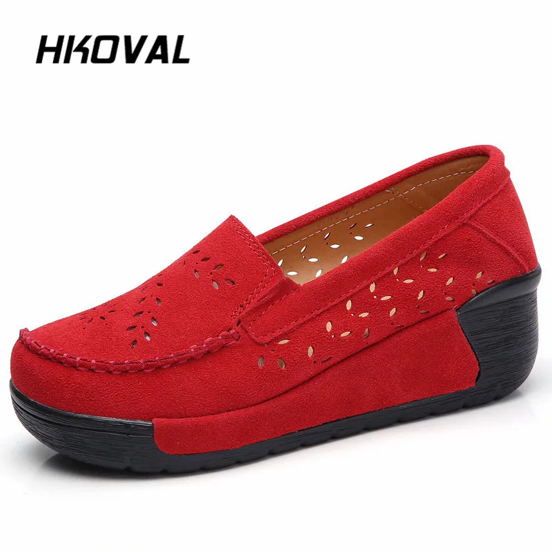 

HKOVAL Women Shoes Sneakers Moccasins Loafers Flat Platform Genuine Leather Summer Autumn Ladies Female Swing Hole Shoe