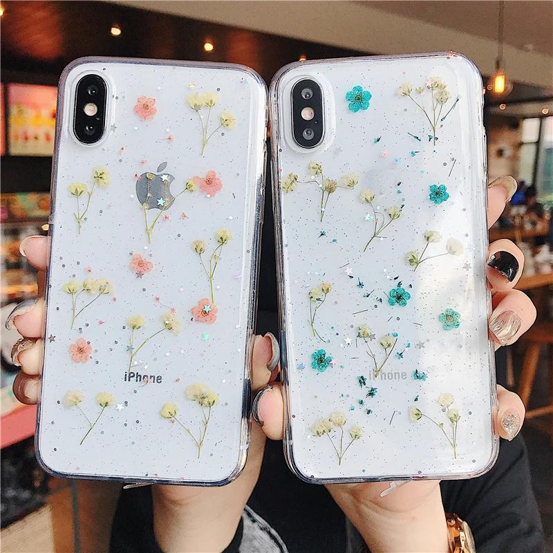 

Real Flowers Transparent Soft TPU Phone Case For iPhone X XS XR XS Max 6 6S 7 8 Plus Dried Flowers Bling beautiful Back Cover