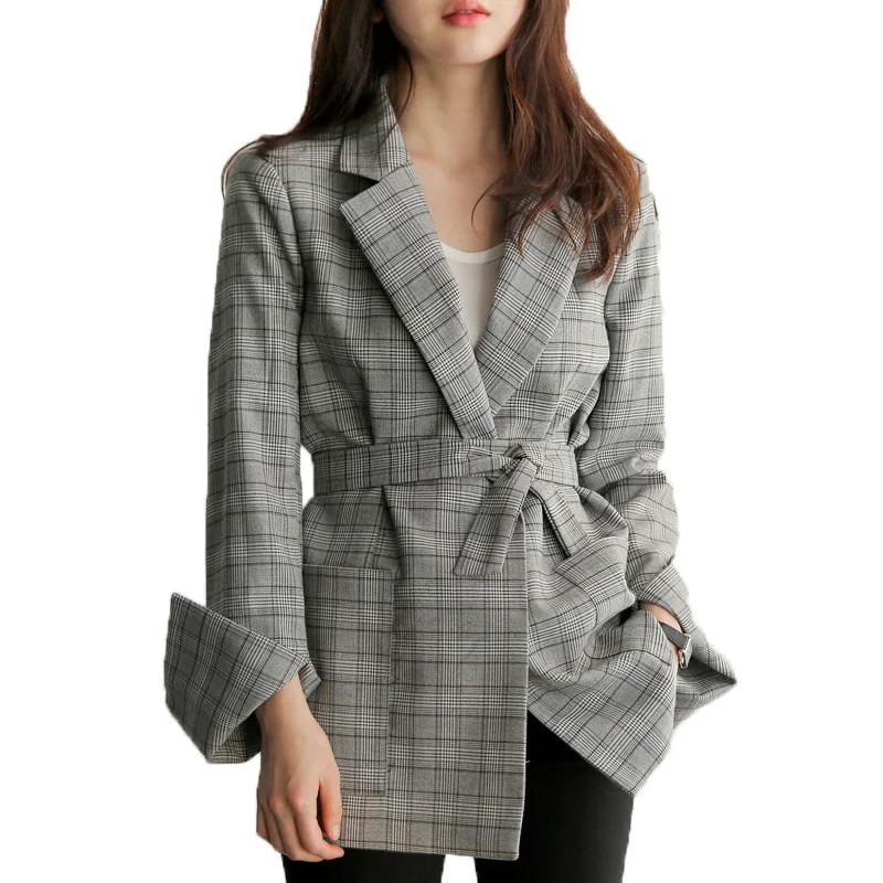Fashion Blazer Women 2018 Bow Sashes Gray Plaid Jacket