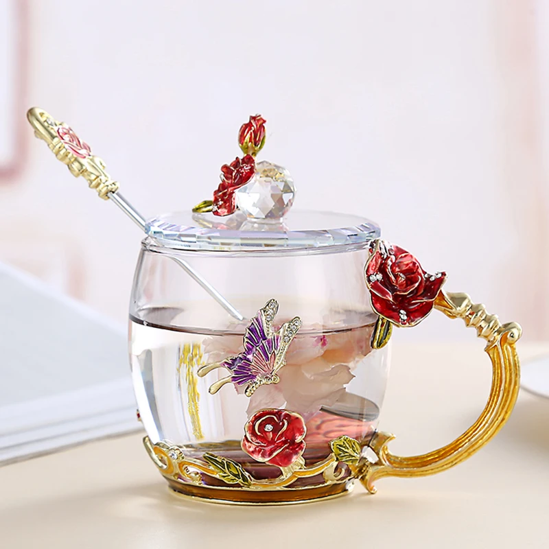 

Household Enamel Color Cup Flower Tea Cup Female Juice Cup Set Heat-resistant Glass Creative Couple To The Cup Drinkware