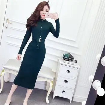 

2019 New Spring Autumn Sexy O-Neck Single Breasted Button Women Sweater Dresses Female Pullover Sashes Slim kintted Vestidos H42